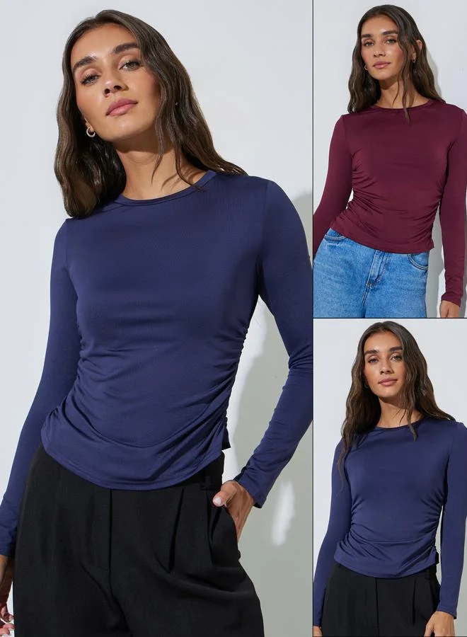 Styli Pack of 2 - Long Sleeves Round Neck Ruched Fitted Knit Top