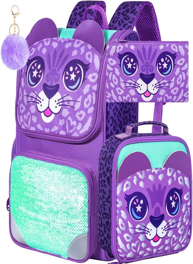 KLFVB 3PCS Girls Backpack, 15" Sequin Bookbag with Lunch Box, Kids Preschool School Bag for Elementary Toddler Students - Purple Leopard - Image 1
