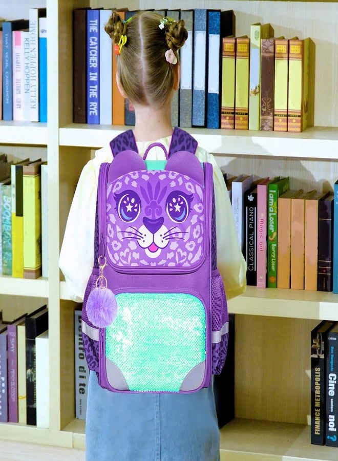 KLFVB 3PCS Girls Backpack, 15" Sequin Bookbag with Lunch Box, Kids Preschool School Bag for Elementary Toddler Students - Purple Leopard - Image 2