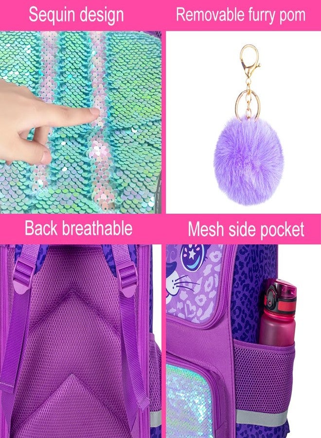 KLFVB 3PCS Girls Backpack, 15" Sequin Bookbag with Lunch Box, Kids Preschool School Bag for Elementary Toddler Students - Purple Leopard - Image 5