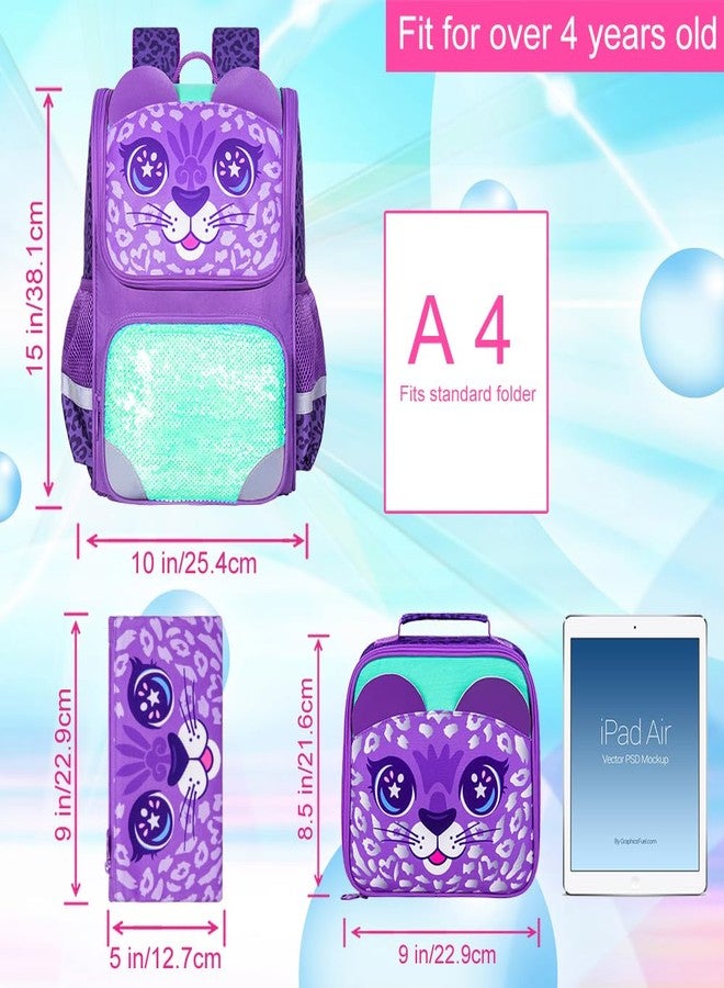 KLFVB 3PCS Girls Backpack, 15" Sequin Bookbag with Lunch Box, Kids Preschool School Bag for Elementary Toddler Students - Purple Leopard - Image 4