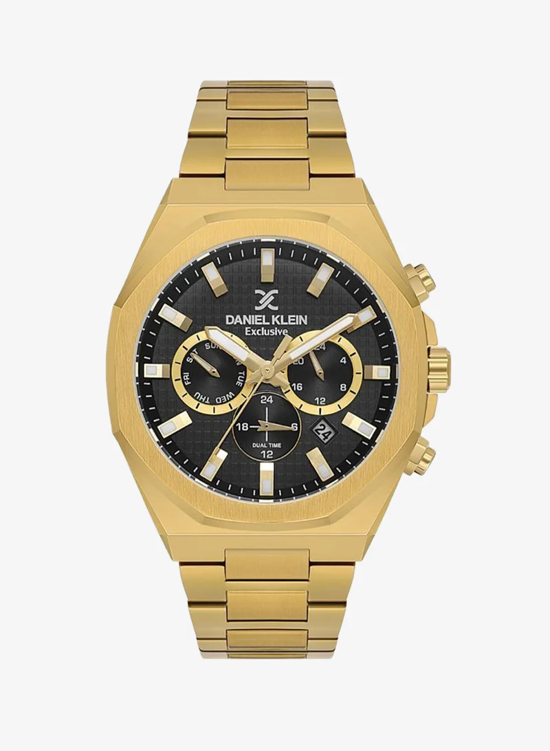 DANIEL KLEIN Men's Stainless Steel Gold Alloy Case Analog Black Round Emboss Dial Japanese Quartz Exclusive 50 Meters Water Resistant