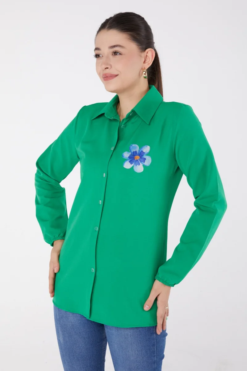 Tofisa Plain Shirt Collar Women's Green Printed Shirt - 13338