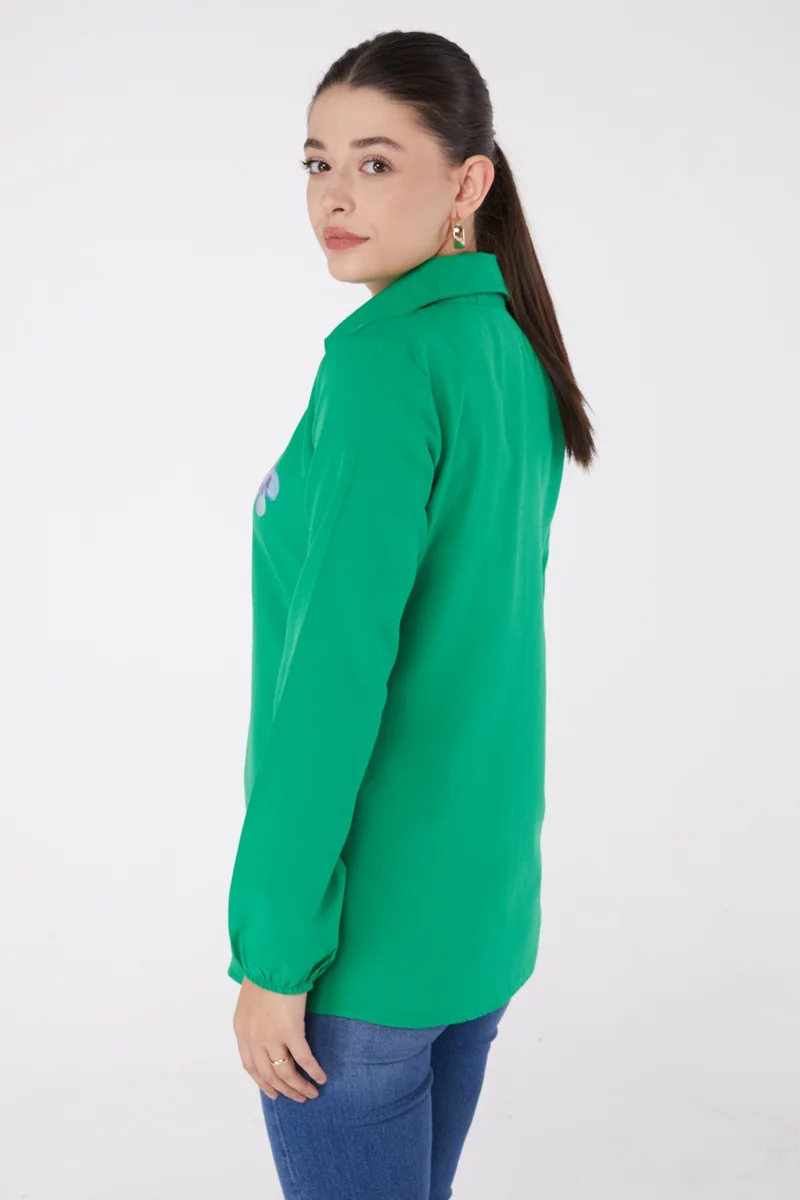 Tofisa Plain Shirt Collar Women's Green Printed Shirt - 13338