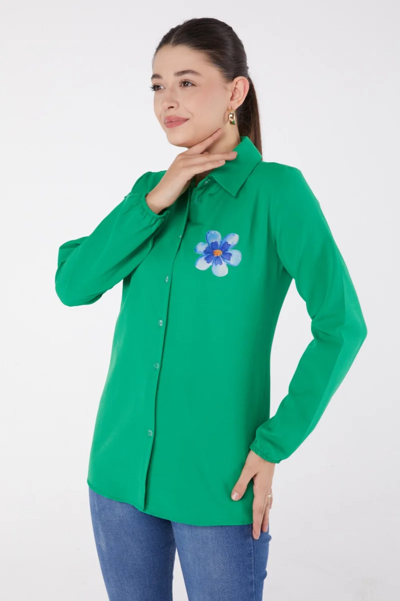 Tofisa Plain Shirt Collar Women's Green Printed Shirt - 13338