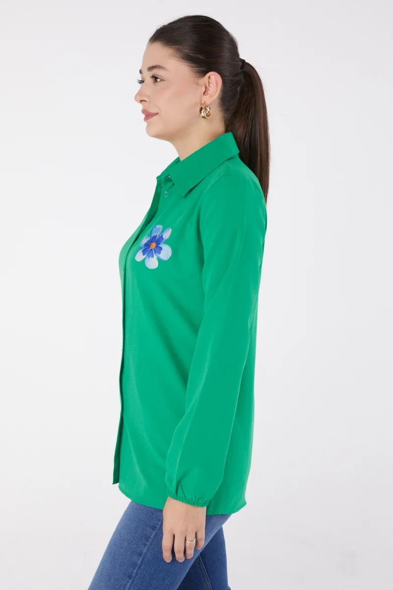 Tofisa Plain Shirt Collar Women's Green Printed Shirt - 13338