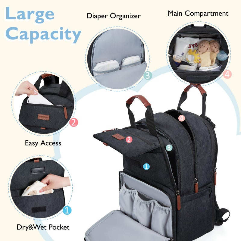 mommore Diaper Bag Backpack, Large Diaper Bag Expandable for 2 Kids/Twins, Durable Baby Bag with Changing Pad, Water Resistant Travel Diaper Backpack for Mom Dad - Image 3