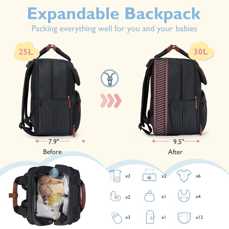 mommore Diaper Bag Backpack, Large Diaper Bag Expandable for 2 Kids/Twins, Durable Baby Bag with Changing Pad, Water Resistant Travel Diaper Backpack for Mom Dad - Image 2