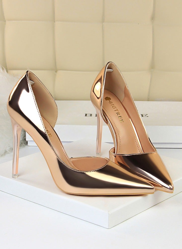 BIGTREE Women's Bright Fashionable Stiletto Pumps 10.5 cm Elegant Gorgeous Closed Pointed Toe Slip On Solid High Heels Champagne  - Image 2