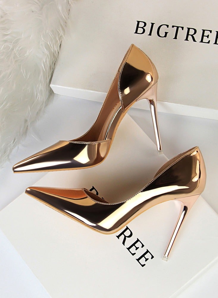 BIGTREE Women's Bright Fashionable Stiletto Pumps 10.5 cm Elegant Gorgeous Closed Pointed Toe Slip On Solid High Heels Champagne  - Image 3