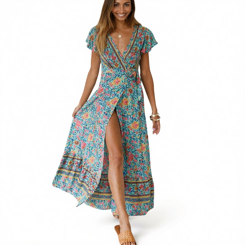 V Neck Split Bohemian Floral Print Dress - Image 5