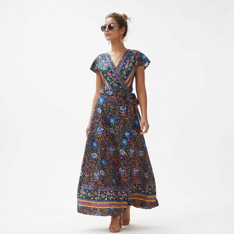 V Neck Split Bohemian Floral Print Dress - Image 2