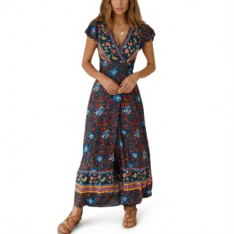V Neck Split Bohemian Floral Print Dress - Image 1