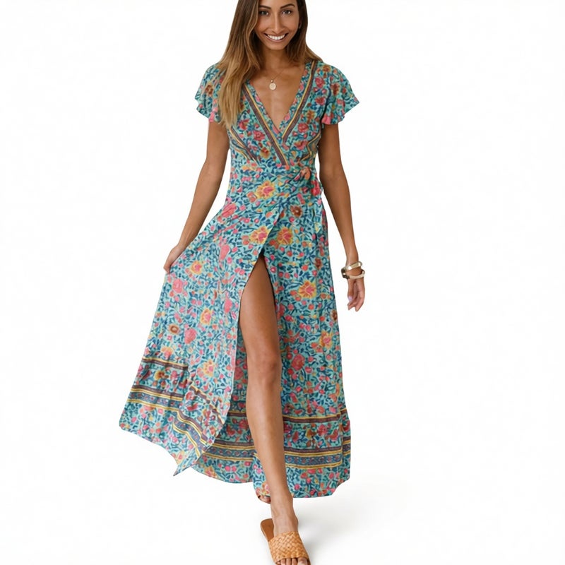 V Neck Split Bohemian Floral Print Dress - Image 3