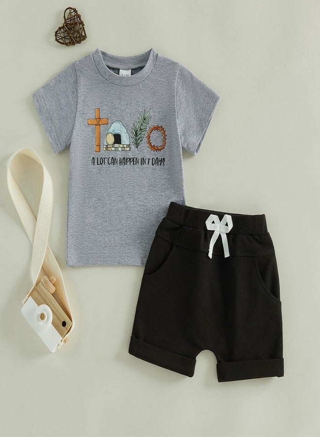 Douhoow Toddler Boy Summer Outfit Short Sleeve Chasing Hunnies Boys T-shirt Shorts Set Baby Boy Easter Festival Clothes (Gray black, 3-4T) - Image 2