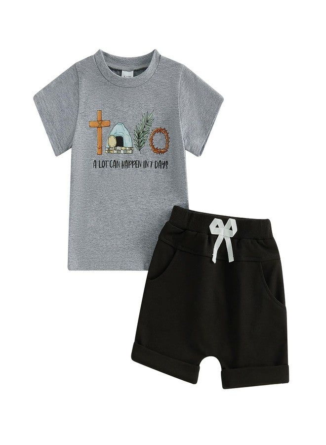Douhoow Toddler Boy Summer Outfit Short Sleeve Chasing Hunnies Boys T-shirt Shorts Set Baby Boy Easter Festival Clothes (Gray black, 3-4T) - Image 1