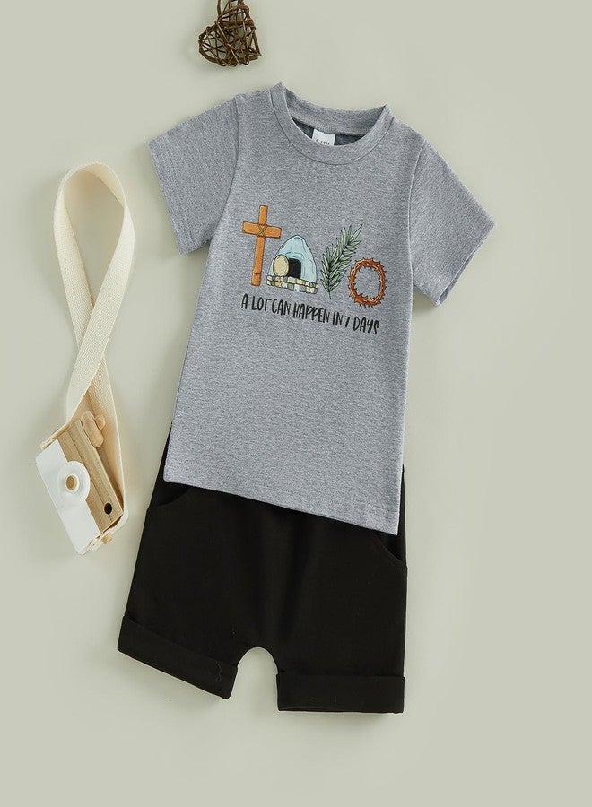 Douhoow Toddler Boy Summer Outfit Short Sleeve Chasing Hunnies Boys T-shirt Shorts Set Baby Boy Easter Festival Clothes (Gray black, 3-4T) - Image 4
