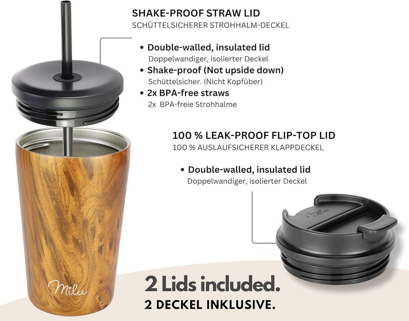 Milu Thermal Mug, 500 ml, 100% Leak-Proof, Stainless Steel Coffee Mug to Go, Insulated with Straw, Keeps Hot for 10 Hours/Cold for 20 Hours, BPA-Free (Wood Look, 500 ml) - Image 2