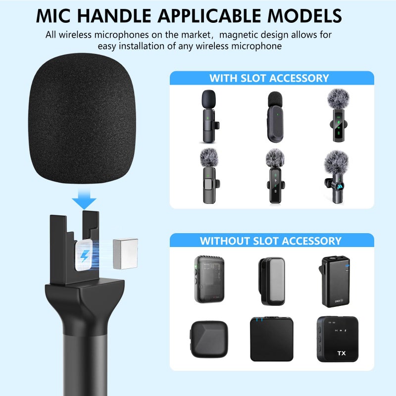 GAHOGA مقبض ميكروفون لـ DJI/DJI Mini/3، حامل ميكروفون لـ Rode Wireless GO/Hollyland Lark/Lavalier Mic، حامل ميكروفون مغناطيسي عالمي، حامل ميكروفون مع 3 فلاتر بوب للتدوين، المقابلات، البودكاست، التقارير - Image 3