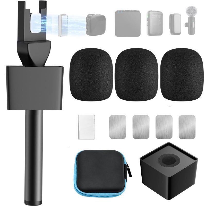 GAHOGA مقبض ميكروفون لـ DJI/DJI Mini/3، حامل ميكروفون لـ Rode Wireless GO/Hollyland Lark/Lavalier Mic، حامل ميكروفون مغناطيسي عالمي، حامل ميكروفون مع 3 فلاتر بوب للتدوين، المقابلات، البودكاست، التقارير - Image 1