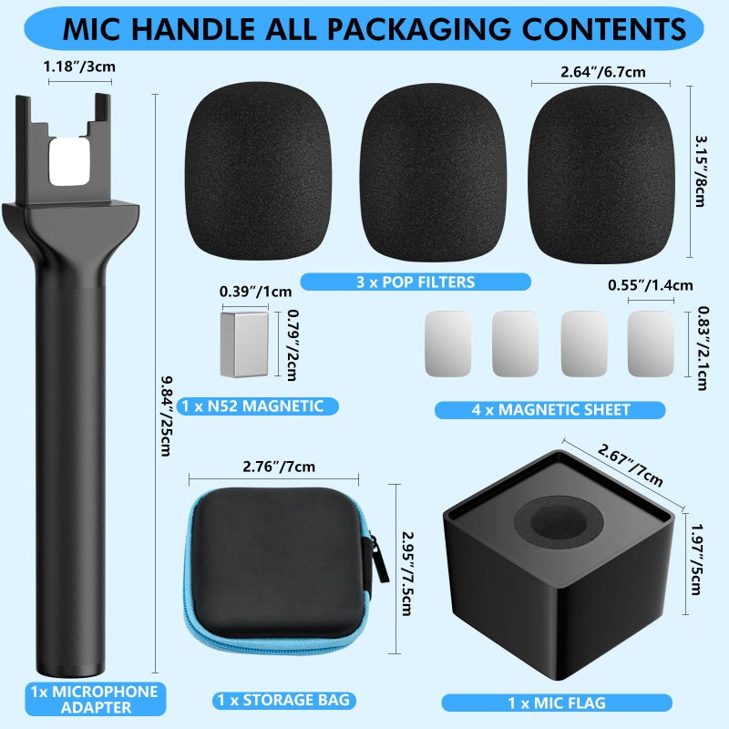 GAHOGA مقبض ميكروفون لـ DJI/DJI Mini/3، حامل ميكروفون لـ Rode Wireless GO/Hollyland Lark/Lavalier Mic، حامل ميكروفون مغناطيسي عالمي، حامل ميكروفون مع 3 فلاتر بوب للتدوين، المقابلات، البودكاست، التقارير - Image 4