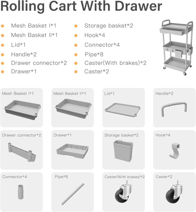 REBECAT 3 Tier Rolling Utility Cart with Drawer, Utility Cart Made of Multifunctional Storage Organizer Tool for Kitchen,Bathroom,Living Room,Office(Gray) - Image 4