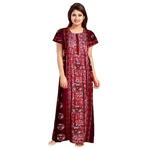 KBNBJ 100% Cotton Nighty for Women || Long Length Printed Nighty/Maxi/Night Gown/Night Dress/Nightwear Inner & Sleepwear for Women's (Combo Pack of 2) (Free Size, Brown&Red) - Image 2