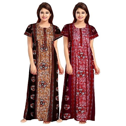 KBNBJ 100% Cotton Nighty for Women || Long Length Printed Nighty/Maxi/Night Gown/Night Dress/Nightwear Inner & Sleepwear for Women's (Combo Pack of 2) (Free Size, Brown&Red) - Image 1