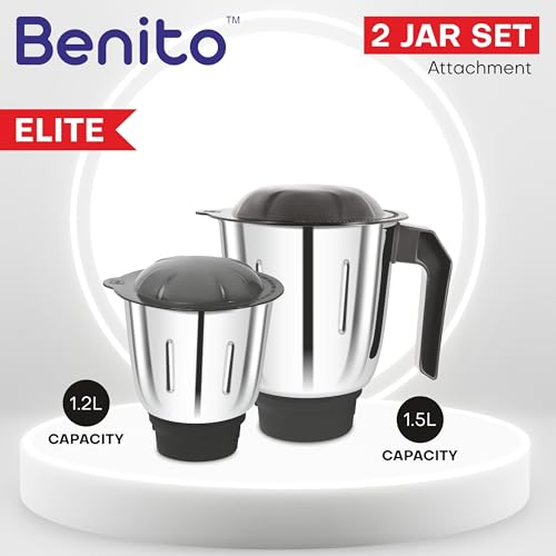 Benito ELITE Stainless Steel Jar Set (1200ml & 1500ml) for Mixer Grinder Attachment – Compatible with 4-Teeth Coupler & Dual Locking System - Image 2