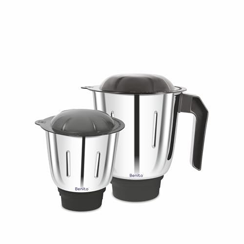 Benito ELITE Stainless Steel Jar Set (1200ml & 1500ml) for Mixer Grinder Attachment – Compatible with 4-Teeth Coupler & Dual Locking System - Image 1