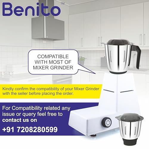Benito ELITE Stainless Steel Jar Set (1200ml & 1500ml) for Mixer Grinder Attachment – Compatible with 4-Teeth Coupler & Dual Locking System - Image 3