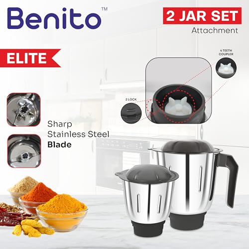 Benito ELITE Stainless Steel Jar Set (1200ml & 1500ml) for Mixer Grinder Attachment – Compatible with 4-Teeth Coupler & Dual Locking System - Image 4