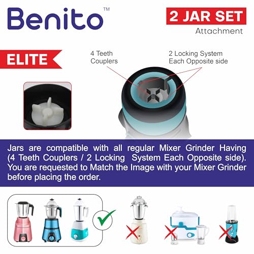 Benito ELITE Stainless Steel Jar Set (1200ml & 1500ml) for Mixer Grinder Attachment – Compatible with 4-Teeth Coupler & Dual Locking System - Image 5