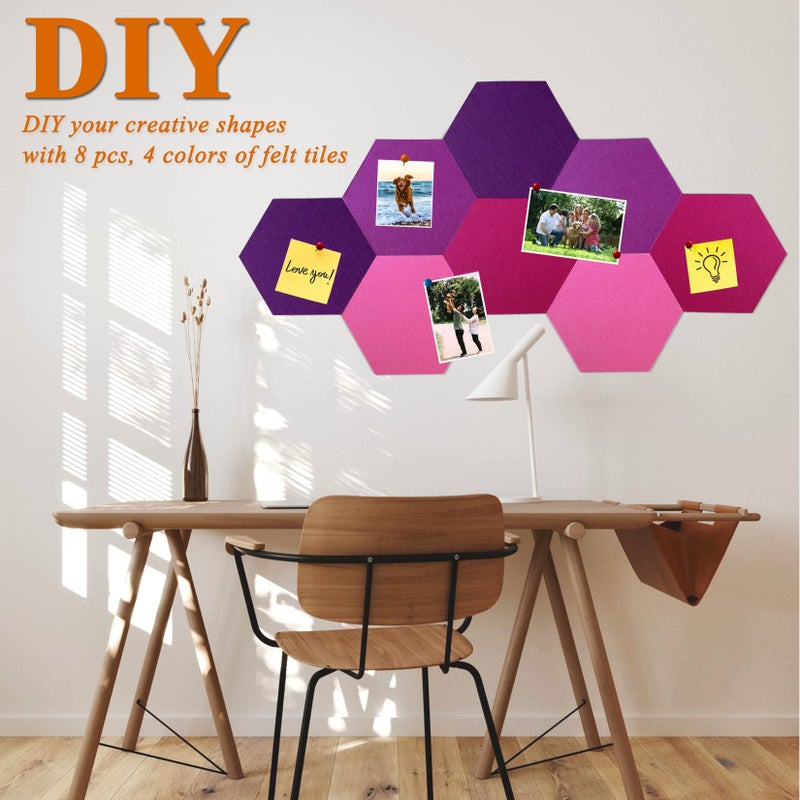 HULAVO 8Pcs Hexagon Felt Cork Board Tiles, Self Adhesive DIY Bulletin Board Pin Board for Office School Home Wall Decor Stickers Memos Photos Display (Gradual Purple) - Image 3