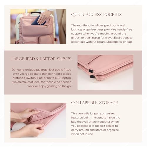 BAREFOOT CARIBOU Over Luggage Organizer for Carry On Bag or Suitcase with Storage Pockets, 16” Laptop Sleeve with Handle, Travel Accessories Bag, Slide On Luggage Harness with Adjustable Straps (Pink) - Image 5