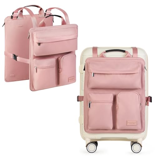 BAREFOOT CARIBOU Over Luggage Organizer for Carry On Bag or Suitcase with Storage Pockets, 16” Laptop Sleeve with Handle, Travel Accessories Bag, Slide On Luggage Harness with Adjustable Straps (Pink) - Image 1