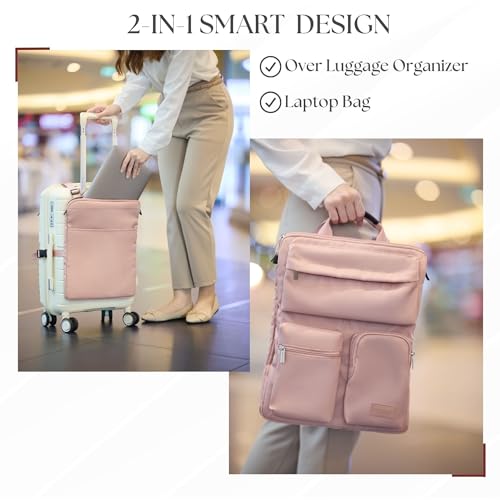 BAREFOOT CARIBOU Over Luggage Organizer for Carry On Bag or Suitcase with Storage Pockets, 16” Laptop Sleeve with Handle, Travel Accessories Bag, Slide On Luggage Harness with Adjustable Straps (Pink) - Image 4
