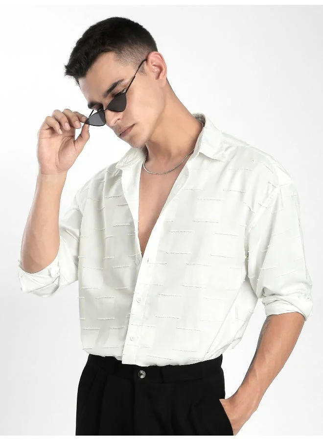 Beyoung White Fur Geometric Textured Shirt