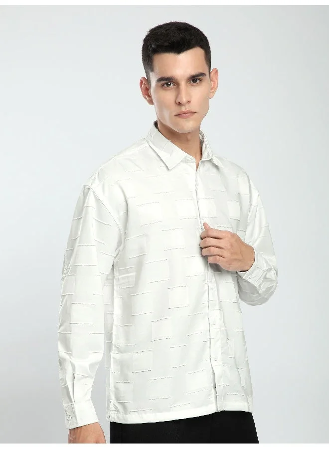 Beyoung White Fur Geometric Textured Shirt