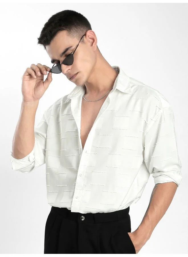Beyoung White Fur Geometric Textured Shirt