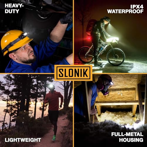 Slonik مصباح رأس SLONIK القابل لإعادة الشحن للبالغين - 1000 لومن ساطع للغاية شعاع LED بطول 60 قدم - خفيف الوزن، قوي، مقاوم للماء IPX4 - معدات التخييم، مصباح رأس للجري، رمادي - Image 2