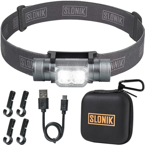Slonik مصباح رأس SLONIK القابل لإعادة الشحن للبالغين - 1000 لومن ساطع للغاية شعاع LED بطول 60 قدم - خفيف الوزن، قوي، مقاوم للماء IPX4 - معدات التخييم، مصباح رأس للجري، رمادي - Image 1