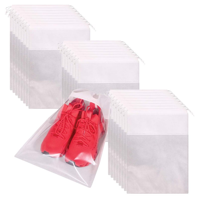 TENABORT 24 Pack Portable Shoe Bags for Travel Large Shoes Pouch Storage Organizer Clear Window with Drawstring for Men and Women White - Image 1