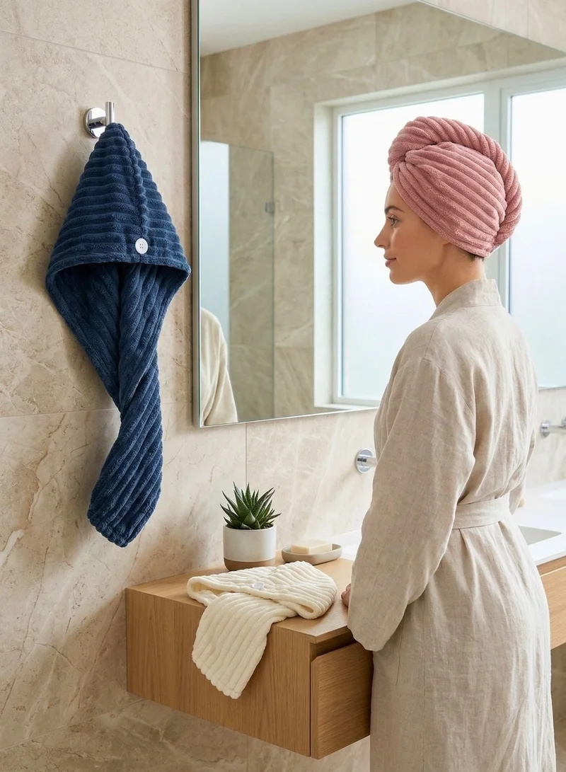 1Chase Microfiber Hair Wrap 3 PCS Set – Stripe Hair Turban (Terracotta, Apricot, Navy) Quick Dry Anti-Frizz Towel Wrap, Super Absorbent Lightweight Hair Towel for Women & All Hair Types