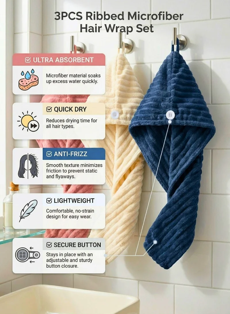 1Chase  Microfiber Hair Wrap 3 PCS Set – Stripe Hair Turban (Terracotta, Apricot, Navy) Quick Dry Anti-Frizz Towel Wrap, Super Absorbent Lightweight Hair Towel for Women & All Hair Types for Women | Best Price UAE
