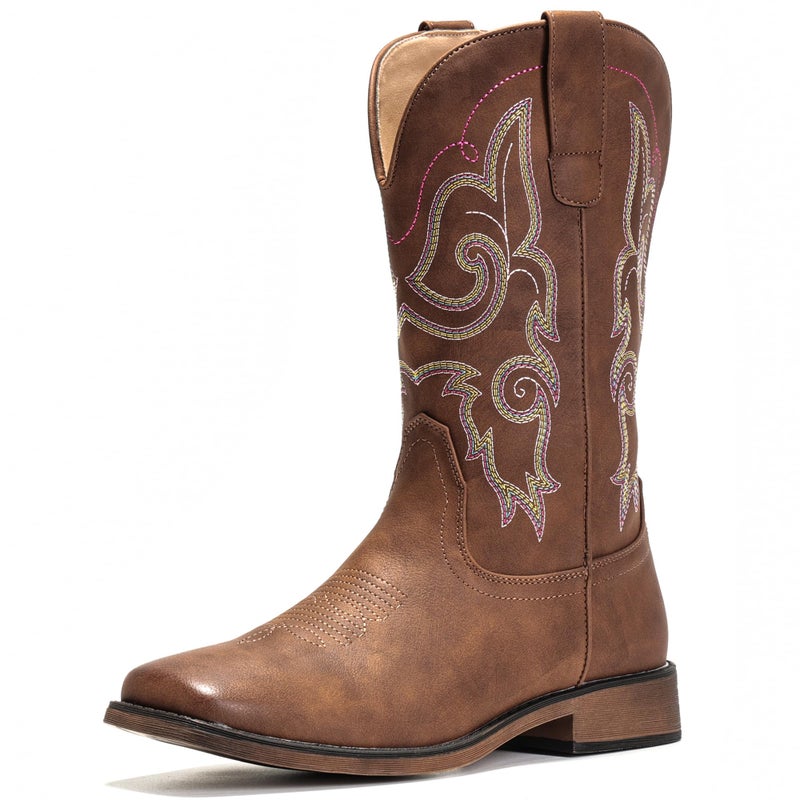 IUV Cowboy Boots For Women Square Toe Wide Western Boots Mid Calf Cowgirl Boots Pull On Fashion Embroidered Cowboy Boots Chestnut 9.5 - Image 1