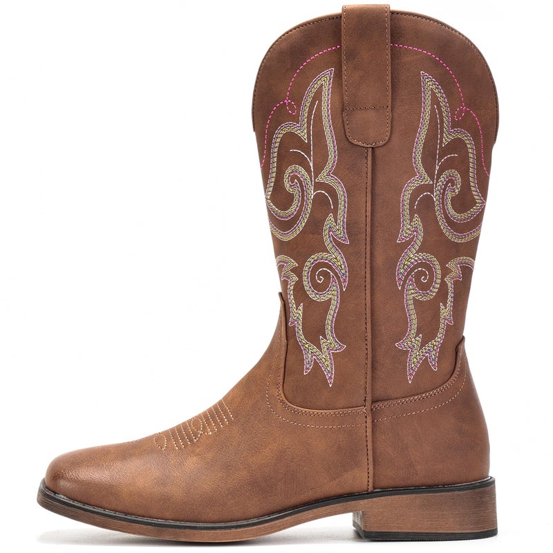 IUV Cowboy Boots For Women Square Toe Wide Western Boots Mid Calf Cowgirl Boots Pull On Fashion Embroidered Cowboy Boots Chestnut 9.5 - Image 4