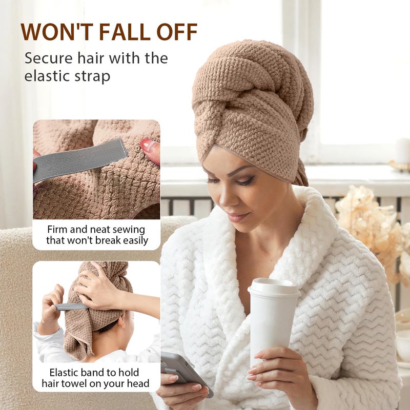 YFONG Large Hair Towel Wrap for Women, Super Absorbent Microfiber Hair Towel for Curly Hair, Fast Drying Hair Turbans with Elastic,Hair Drying Towel Wrap for Hair Care Anti Friz 26.3" X 40" (Brown) - Image 4