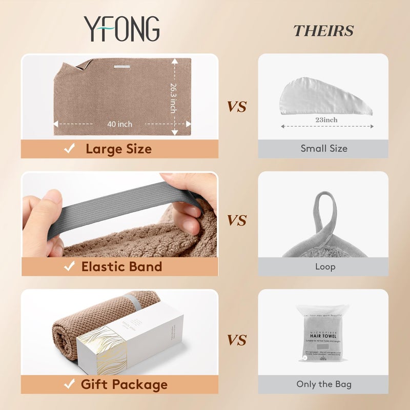 YFONG Large Hair Towel Wrap for Women, Super Absorbent Microfiber Hair Towel for Curly Hair, Fast Drying Hair Turbans with Elastic,Hair Drying Towel Wrap for Hair Care Anti Friz 26.3" X 40" (Brown) - Image 2