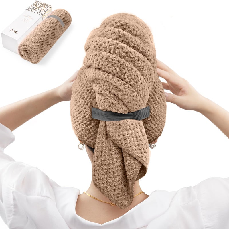 YFONG Large Hair Towel Wrap for Women, Super Absorbent Microfiber Hair Towel for Curly Hair, Fast Drying Hair Turbans with Elastic,Hair Drying Towel Wrap for Hair Care Anti Friz 26.3" X 40" (Brown) - Image 1